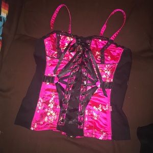 Tripp hot pink black corset zip back gold flowers